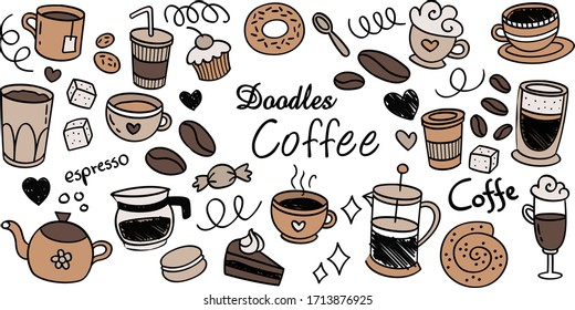 Coffee drink and desserts hand drawn collection. Set sketch graphic elements for menu design. Vintage vector illustration. Coffee cups, beans and coffee makers illustration.
