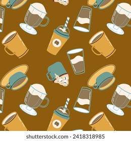 Coffee drink in different cups - brown seamless pattern. Vector illustration can used for kitchen textile, wrapping paper, cafe wallpaper, poster. 