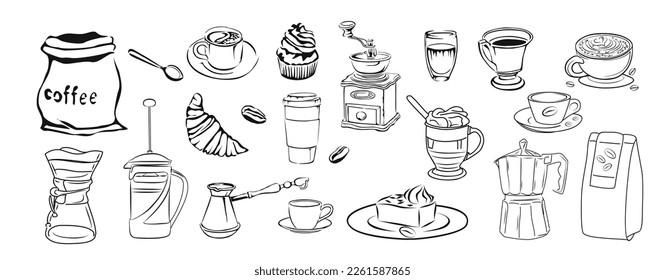 Coffee drink elements hand drawn vector illustrations line art collection.