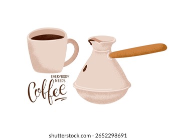 Bebida de café. Todo mundo precisa de texto de café com canecas de café e café turco. Letras de caligrafia vetorial. Logotipo da empresa. Modelo de banner ou cartaz para loja, restaurante, café