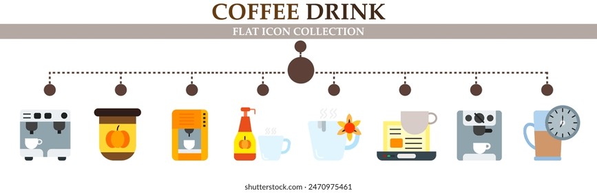 Coffee drink flat icon collection. With icon of coffee maker, roasted, work, cappuccino machine, time to coffee and more. For sign, symbol, infographics, presentation or web graphics. 