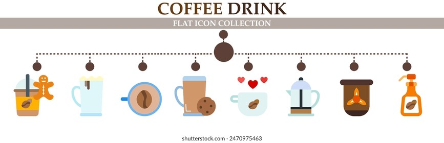 Coffee drink flat icon collection. With icon of syrup, iced coffee, cappucino, cup and more. For sign, symbol, infographics, presentation or web graphics. Vector Illustration. 