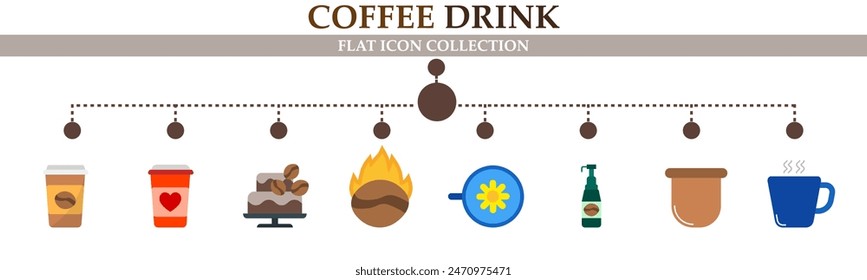 Coffee drink flat icon collection. With icon of cup, mug, birthday cake, bean coffee burn, glass, coffee perfume and more. For sign, symbol, infographics, presentation or web graphics