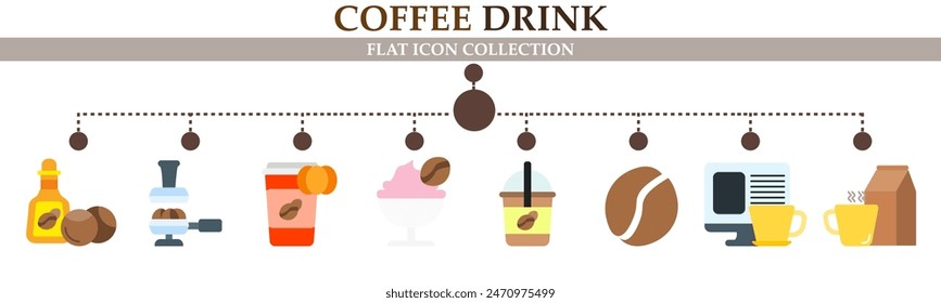 Coffee drink flat icon collection. With icon of orange juice, portafilter, strawberry coffee, coffee break and more. For sign, symbol, infographics, presentation or web graphics. Vector Illustration.