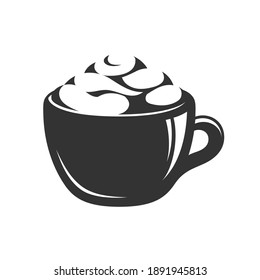 Coffee drink with foam in a small ceramic mug with highlight silhouette. Clip art. Simple flat vector illustration.