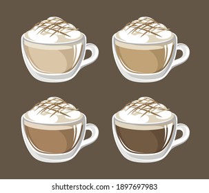 Coffee drink with foam and toppings in a glass mug with different milk ratio set. Clip art vector illustration for cafe shop menu, prints and design elements, etc. Latte, espresso, cappuccino, black