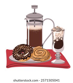 Coffee drink, french press, donut and bun on isolated background. Vector composition of breakfast, lunch in flat cartoon style. Coffee time, coffee break.