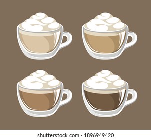 Coffee drink with frothy foam in a glass mug with different milk ratio set. Clip art vector illustration for cafe shop menu, prints and design elements, etc. Latte espresso cappuccino black. 