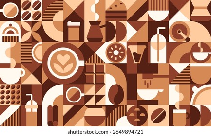 Coffee drink geometric pattern background with abstract shapes, beige and brown tones. Vector modular tile with cups, coffee beans, mugs, espresso machines, milk jugs, and desserts. Retro cafe tile