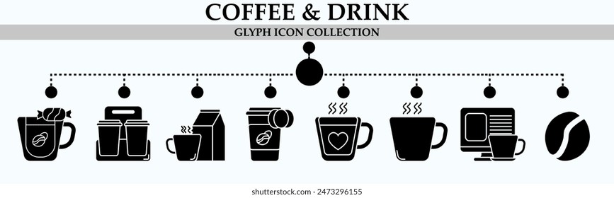 Coffee and drink glyph icon collection. With icon of bar,cake, time to coffee, mug, latte machine, relax on coffee and more. For sign, symbol, infographics, presentation or web graphic