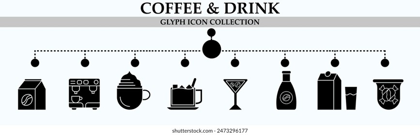 Coffee and drink glyph icon collection. With icon of orange juice, portafilter, strawberry coffee, coffee break and more. For sign, symbol, infographics, presentation or web graphics. 