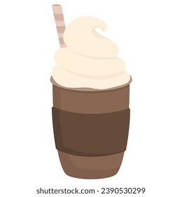 Coffee drink to go with whipped cream and cocktail straw isolated on white background