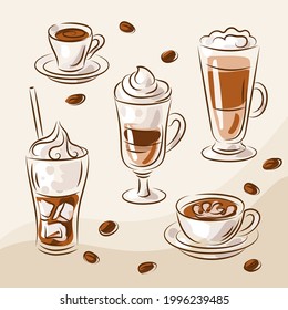 Coffee bebe colección dibujada a mano. Elementos para el diseño de menús. Café latte, espresso, chicharrón de capuchino. Conjunto de menús.