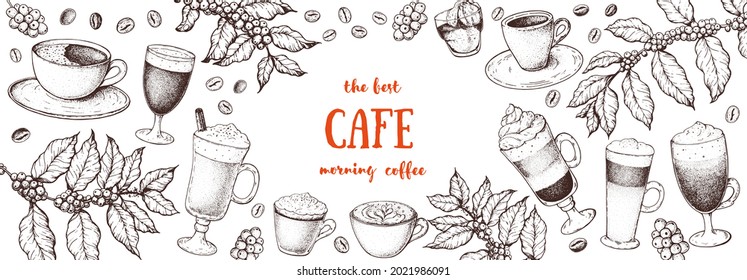 Coffee drink hand drawn collection. Sketch graphic elements for menu design. Vintage vector illustration. Various coffee drinks set. Coffee cups, beans illustration.	