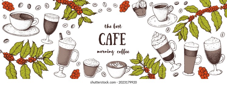 Coffee drink hand drawn collection. Sketch graphic elements for menu design. Vintage vector illustration. Various coffee drinks set. Coffee cups, beans illustration.