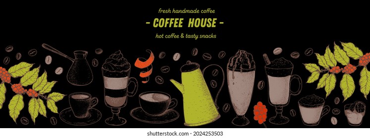 Coffee drink hand drawn collection. Sketch graphic elements for menu design. Vintage vector illustration. Various coffee drinks set. Coffee cups, beans illustration