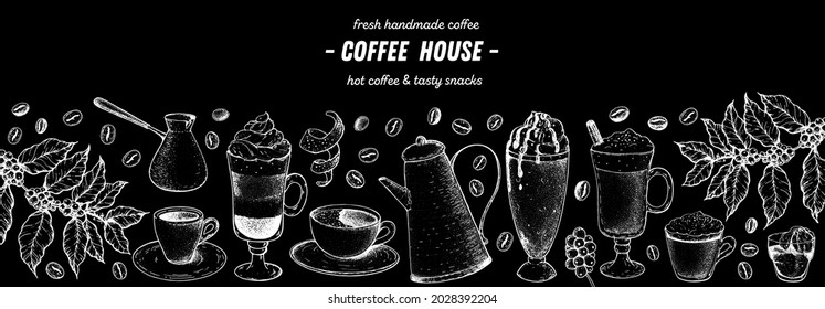 Coffee drink hand drawn collection. Sketch graphic elements for menu design. Vintage vector illustration. Various coffee drinks set. Coffee cups, beans illustration