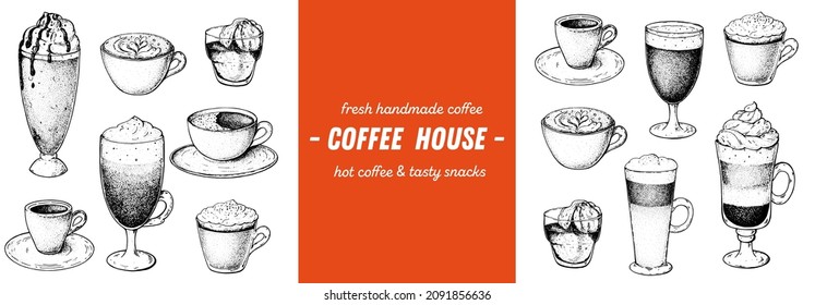 Coffee Drink handgezeichnet Sammlung. Skizzieren Sie grafische Elemente für das Menüdesign. Vintage, Vektorgrafik. Verschiedene Kaffeespezialitäten. Kaffeetassen-Illustration.