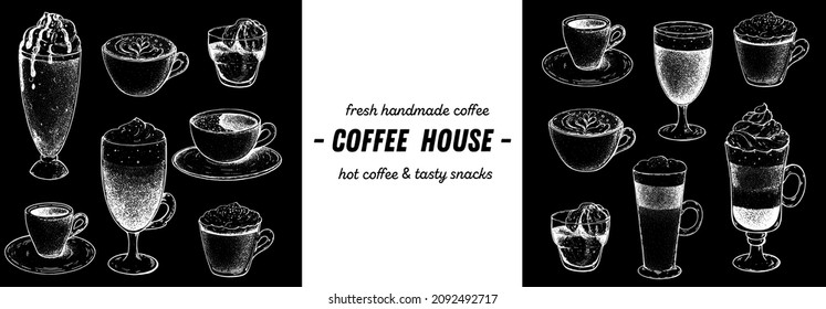 Coffee drink hand drawn collection. Sketch graphic elements for menu design. Vintage vector illustration. Various coffee drinks set. Coffee cups illustration.