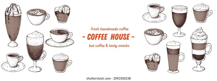 Coffee drink hand drawn collection. Sketch graphic elements for menu design. Vintage vector illustration. Various coffee drinks set. Coffee cups illustration.