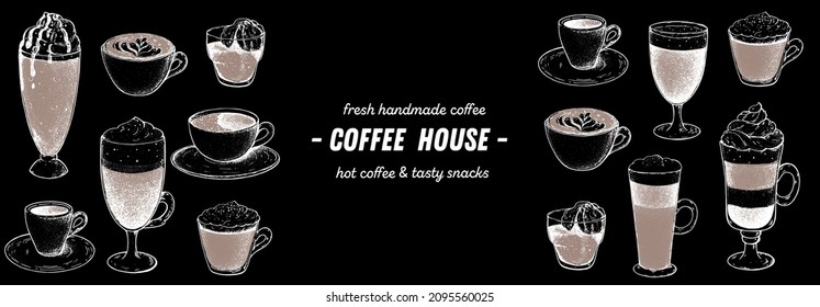 Coffee drink hand drawn collection. Sketch graphic elements for menu design. Vintage vector illustration. Various coffee drinks set. Coffee cups illustration.