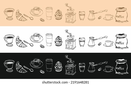 Coffee drink hand drawn collection. Sketch graphic elements for menu design. Vintage vector illustration. Various coffee drinks set. Coffee cups, beans illustration.