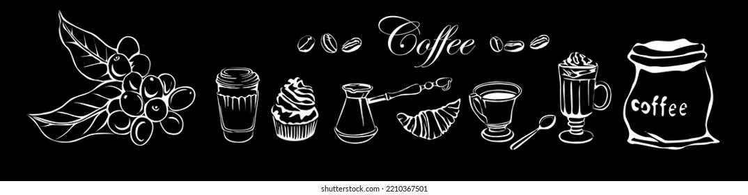 Coffee drink hand drawn collection. Sketch graphic elements for menu design. Vintage vector illustration. Various coffee drinks set. Coffee cups, beans, branch illustration white on black background.