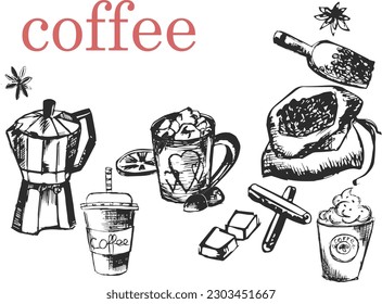 Coffee drink hand drawn collection. Sketch graphic elements for menu design. Vintage illustration. Various coffee drinks set. Coffee cups and coffee makers illustration.