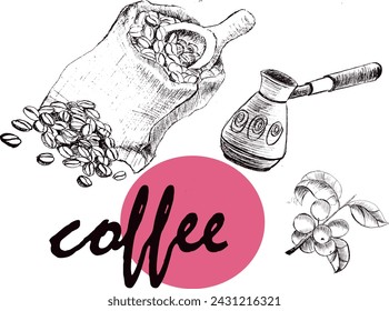 Coffee drink hand drawn collection. Sketch graphic elements for menu design. Vintage illustration. Coffee cups, beans and coffee makers illustration.