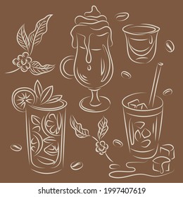 Coffee drink hand drawn set. Elements for menu design. Coffee, latte, lemonade in a glass and coffee beans. Simple linear drawing.