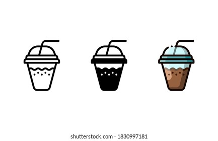 Kaffeetrinken-Ikone in einer Plastiktasse. Mit Umriss-, Glyph- und gefüllten Umrissstilen