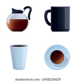 Coffee drink icons set cartoon vector. Coffee brewing equipment. Morning drink