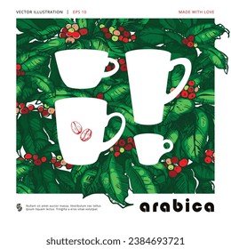 Coffee drink illustration. Cup of coffee on the fine backdrop of coffee plant branches. Green bush background with leaves and ripe berries. Сoffee shop poster presenting the love of coffee beverages.