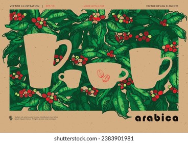 Coffee drink illustration. Cups on the colorful ground of coffee plant branches. Green bush backdrop with leaves and ripe berries. Сoffee shop poster that presents the love for the coffee drinks.