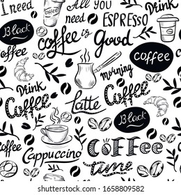 Coffee , drink, lettering, abstract vector seamless pattern on brown background. Concept for menu, wallpaper, wrapping paper 