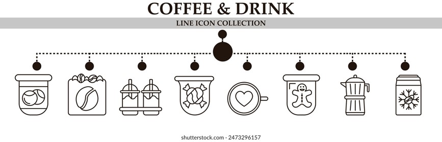 Coffee and drink line icon collection. With icon of kettle, mug, coffee machine,  iced strawberry, automatic grinder and more. For sign, symbol, infographics, presentation or web graphic