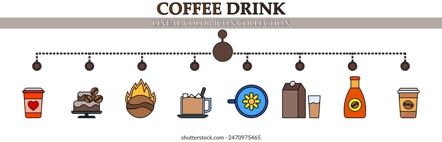Coffee drink lineal color icon collection. With icon of cakes, beans coffee burn, iced coffee, milk, cup and more. For sign, symbol, infographics, presentation or web graphic