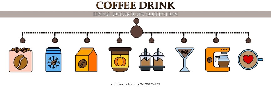 Coffee drink lineal color icon collection. With icon of coffee powder, beans, iced coffee, espresso machine, cappuccino love and more. For sign, symbol, infographics, presentation or web graphic