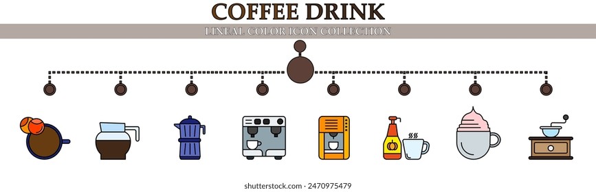 Coffee drink lineal color icon collection. With icon of kettle, mug, coffee machine,  iced strawberry, automatic grinder and more. For sign, symbol, infographics, presentation or web graphic