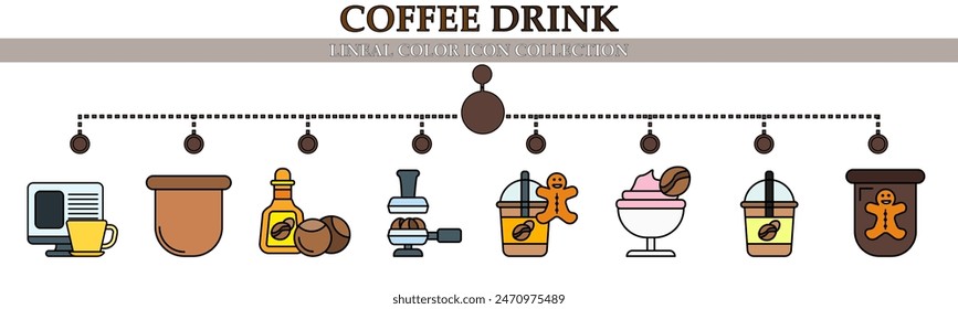 Coffee drink lineal color icon collection. With icon of coffee break 
iced coffee, filter, portafilter, iced cream and more. For sign, symbol, infographics, presentation or web graphics