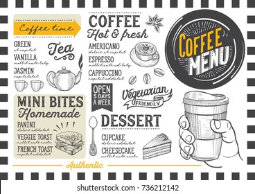 Coffee drink menu for restaurant and cafe. Design template with hand-drawn graphic illustrations.