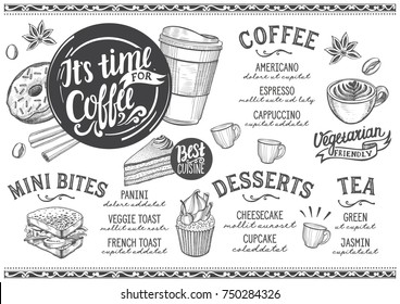 Menú de café para el restaurante y la cafetería. Plantilla de diseño con ilustraciones gráficas dibujadas a mano.