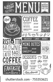 Coffee drink menu for restaurant and cafe. Design template with hand-drawn graphic illustrations.