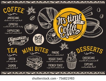 Coffee drink menu for restaurant and cafe. Design template with hand-drawn graphic illustrations.