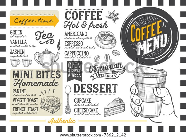レストランやカフェ用のコーヒードリンクメニュー 手描きのグラフィックイラストを使用したデザインテンプレート のベクター画像素材 ロイヤリティフリー