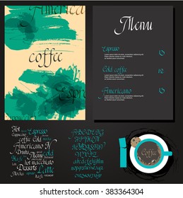 Coffee drink menu Set of artistic creative universal Hand Drawn textures with cursive lettering and different coffee  Abstract watercolor background