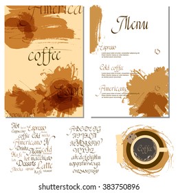 Coffee drink menu Set of artistic creative universal Hand Drawn textures with cursive lettering and different coffee  Abstract watercolor background