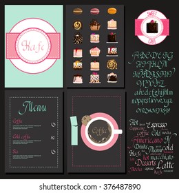 Coffee drink menu Set with cursive lettering and different coffee recipes. cakes and cupcakes macaroon.