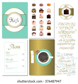 Coffee drink menu Set with cursive lettering and different coffee recipes. cakes and cupcakes macaroon.