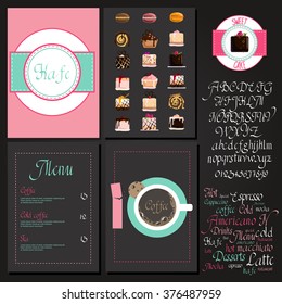 Coffee drink menu Set with cursive lettering and different coffee recipes. cakes and cupcakes macaroon.